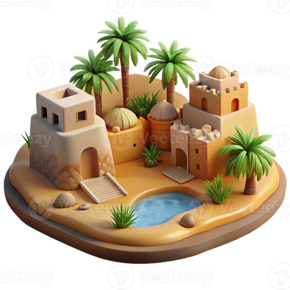 serene contemporary A desert oasis with a traditional mud-brick village and lush palm trees, illuminated by the harsh sunlight, in a realistic, travel photography style exclusive png