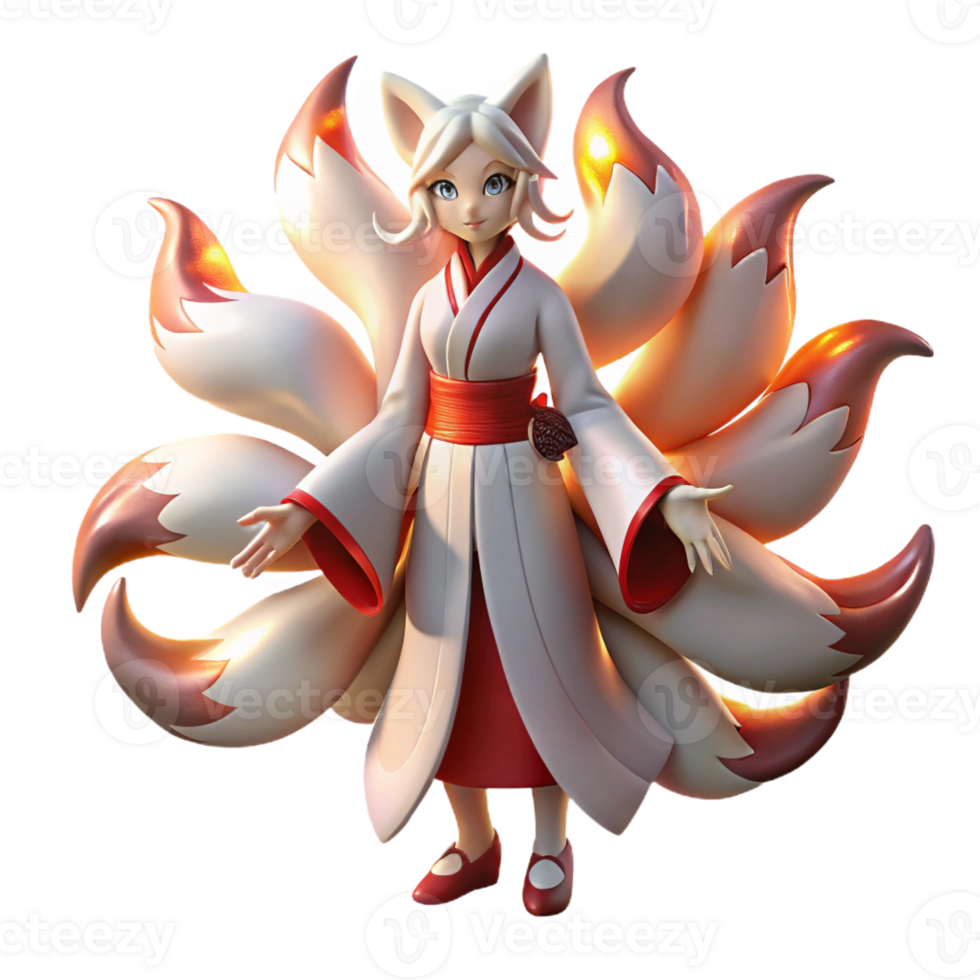 dramatic traditional A cunning kitsune with nine tails, transforming into a beautiful woman, illuminated by moonlight, in the style of Japanese art professional png