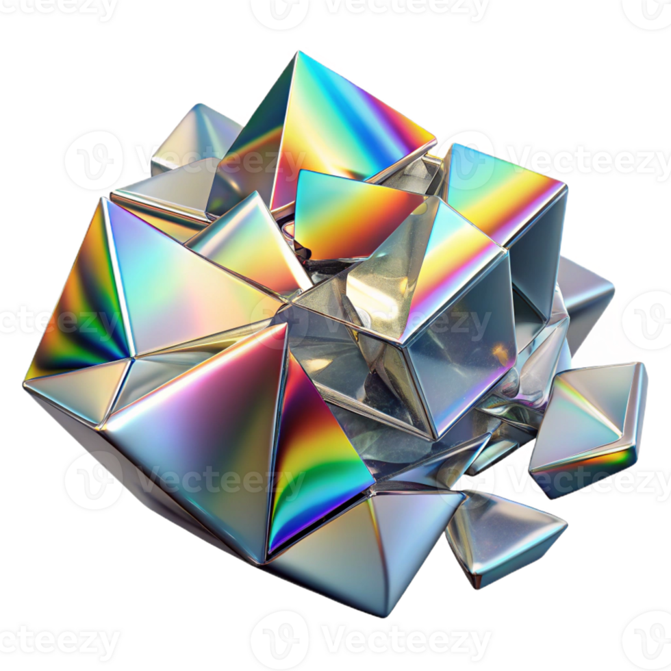 vibrant classic Shattered fragments of mirrored glass, reflecting a distorted rainbow spectrum, in a cubist, abstract style original png