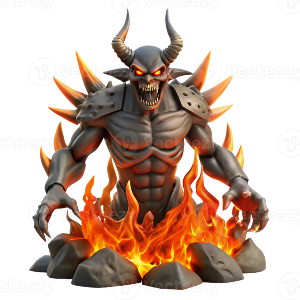 wonderful rustic A fearsome demon rising from the depths of hell, surrounded by flames and smoke, lit by the fires of the underworld, in the style of a dark fantasy painting premium png