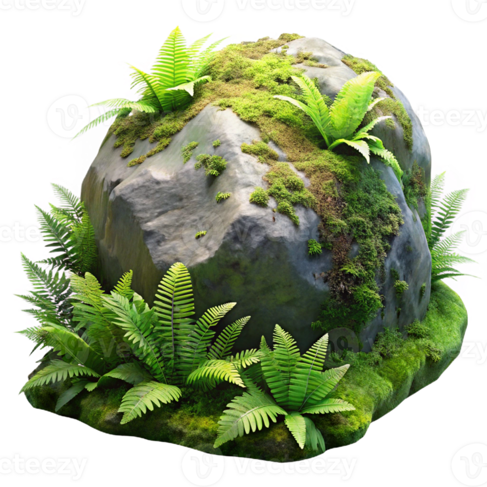 dramatic modern A Mossy Rock Covered in Ferns Damp premium png