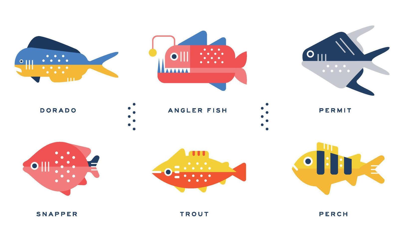 Sea and Ocean Fishes Collection, Dorado, Angler Fish, Permit, Snapper, Trout, Perch Illustration vector