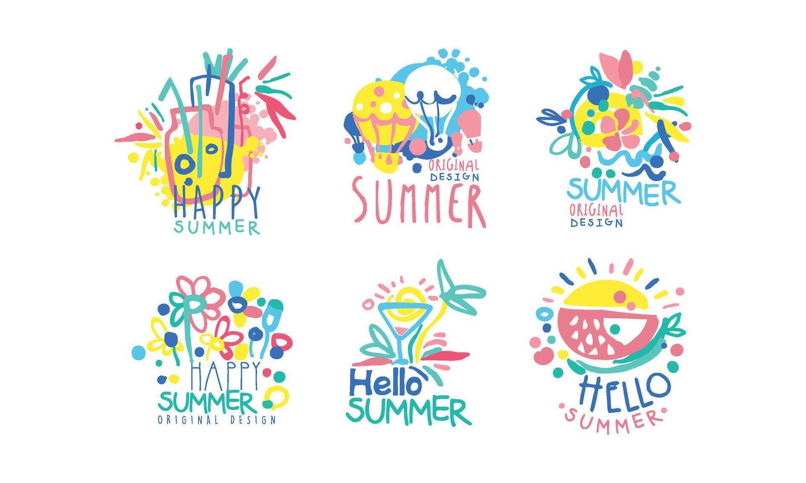 Happy Summer Original Design Labels Collection, Colorful Hand Drawn Graphic Templates Illustration vector