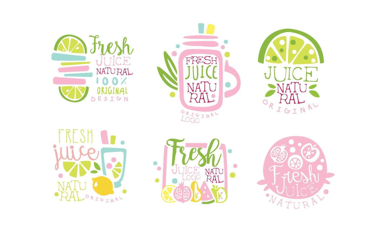 Fresh Juice Original Logo Collection, Natural Product Colorful Hand Drawn Labels Illustration vector