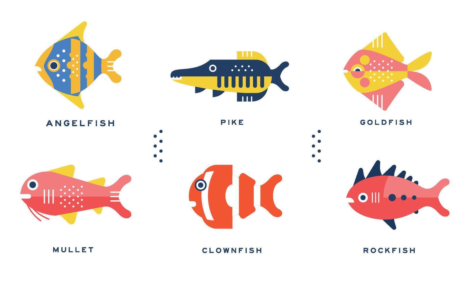 Freshwater and Ocean Fishes Collection, Angelfish, Pike, Goldfish, Mullet, Clownfish, Rockfish Illustration vector