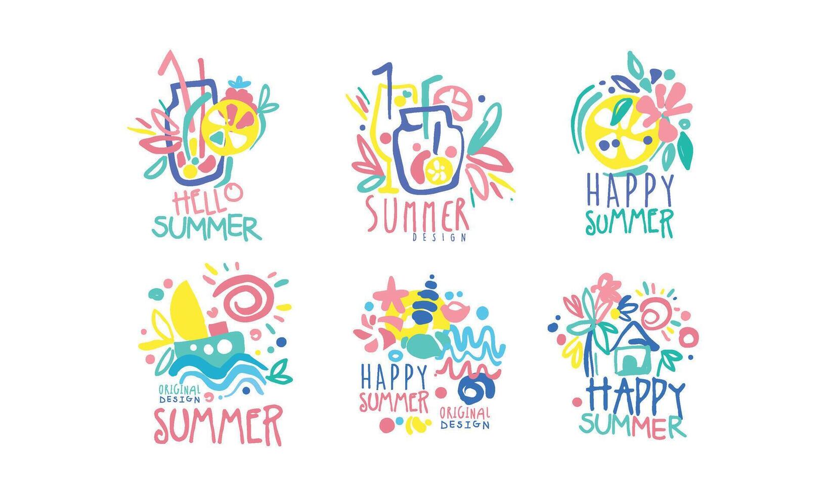 Hello Happy Summer Original Design Labels Collection, Colorful Hand Drawn Templates Illustration vector