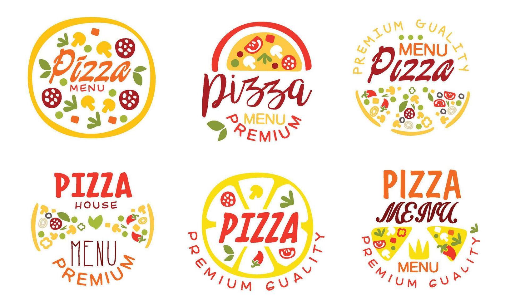 Pizza Premium Quality Menu Labels Collection, Fast Food Restaurant, Cafe, House Bright Badges Illustration vector