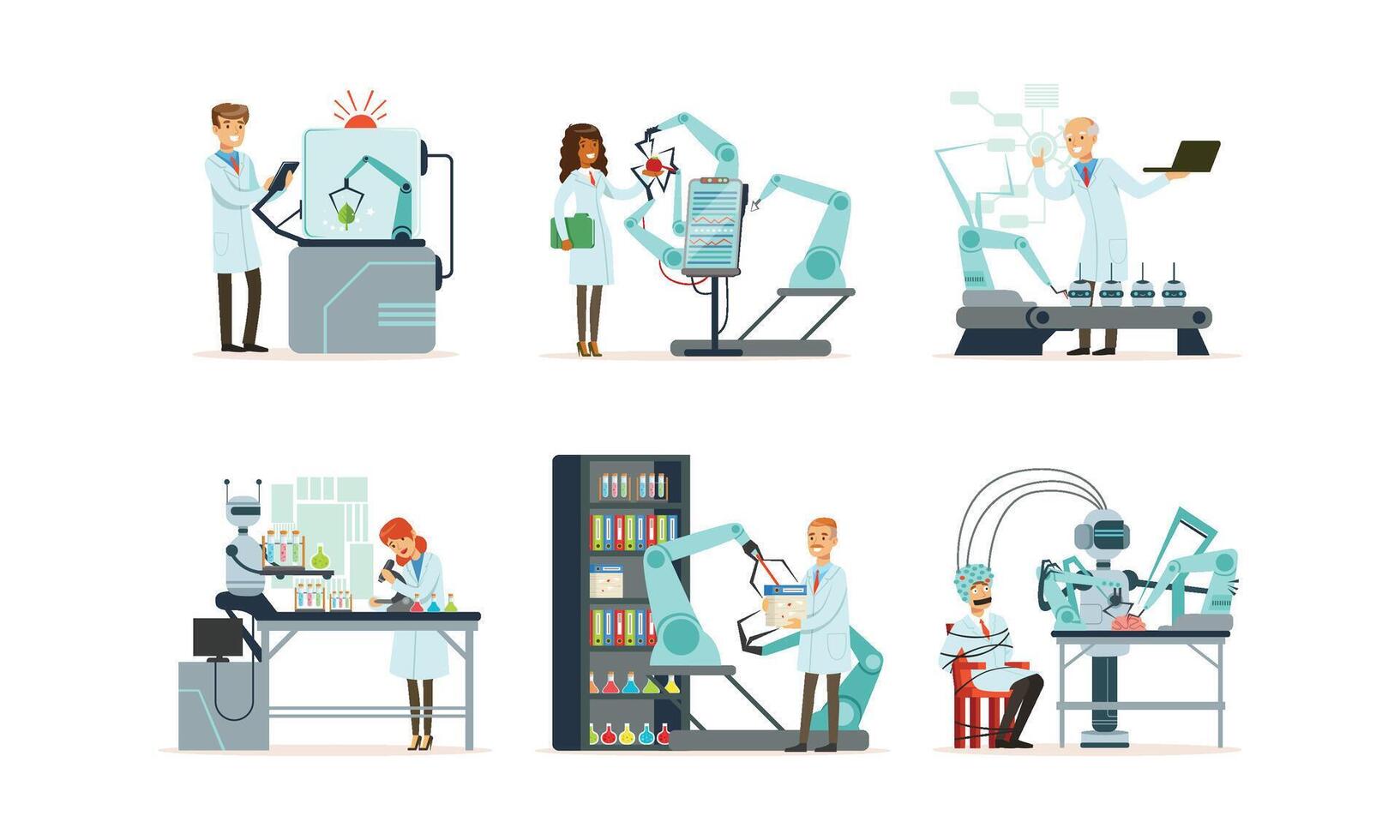 Scientists Working in Laboratory with Robots Illustrations Set vector
