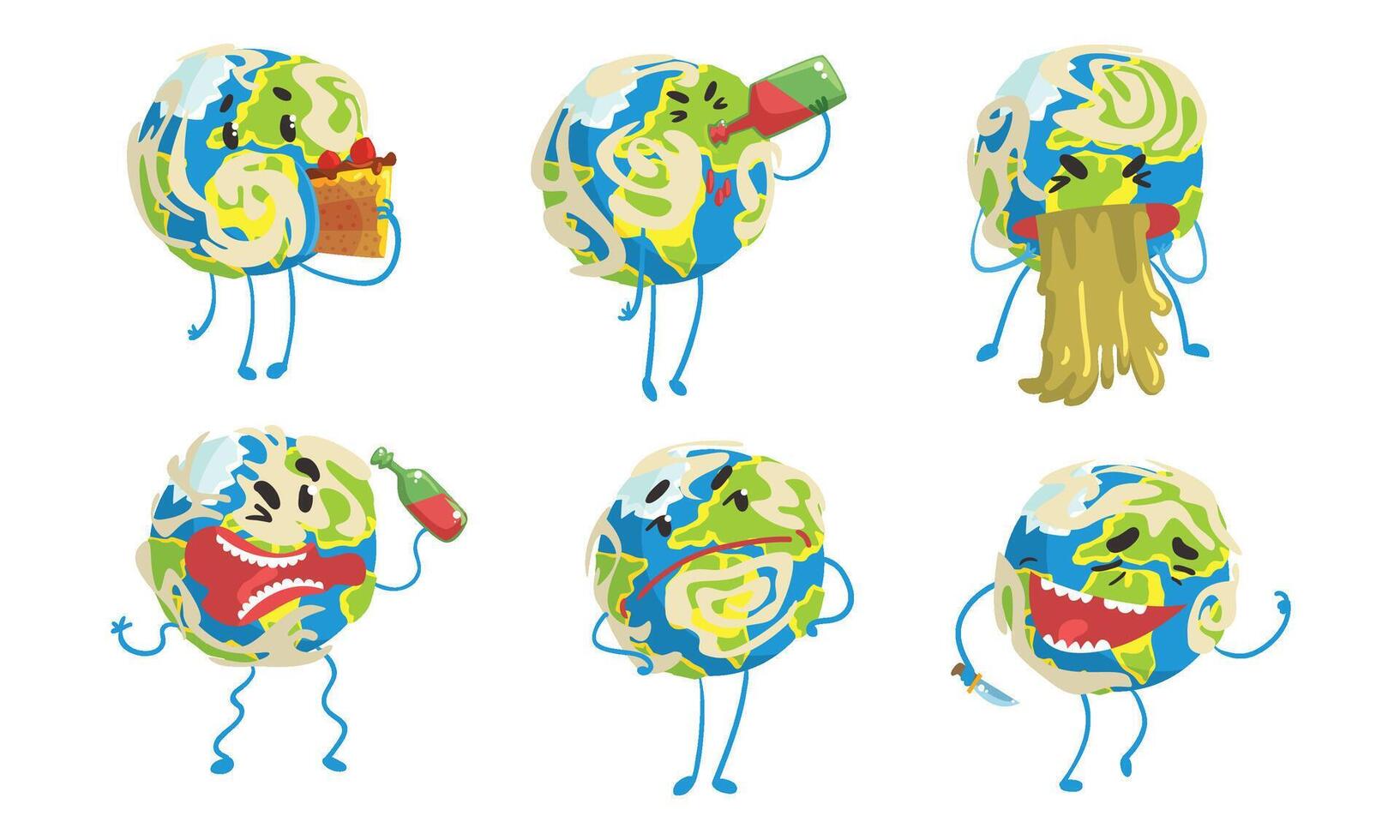 Funny Earth Globe Cartoon Character Collection, Comic Planet in Different Situations Illustration vector