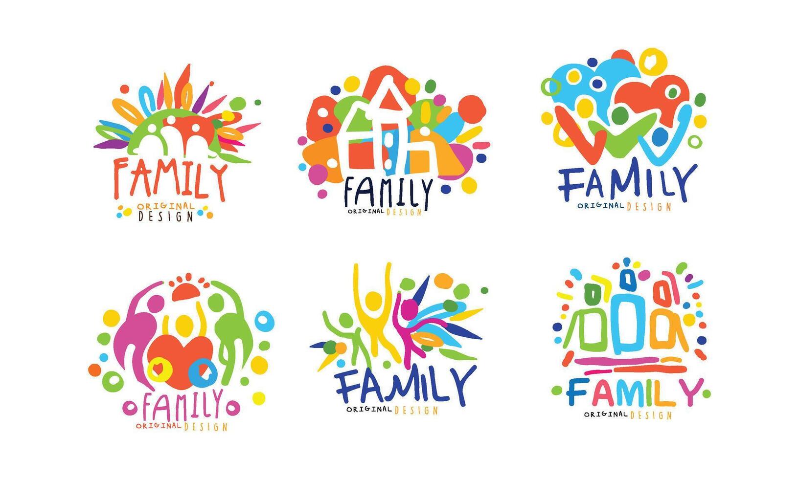 Family Original Design Labels Collection, Colorful Hand Drawn Graphic Templates Illustration vector