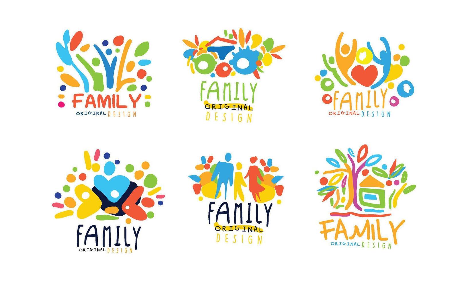 Family Labels Original Design Collection, Colorful Hand Drawn Graphic Templates with Happy People Illustration vector