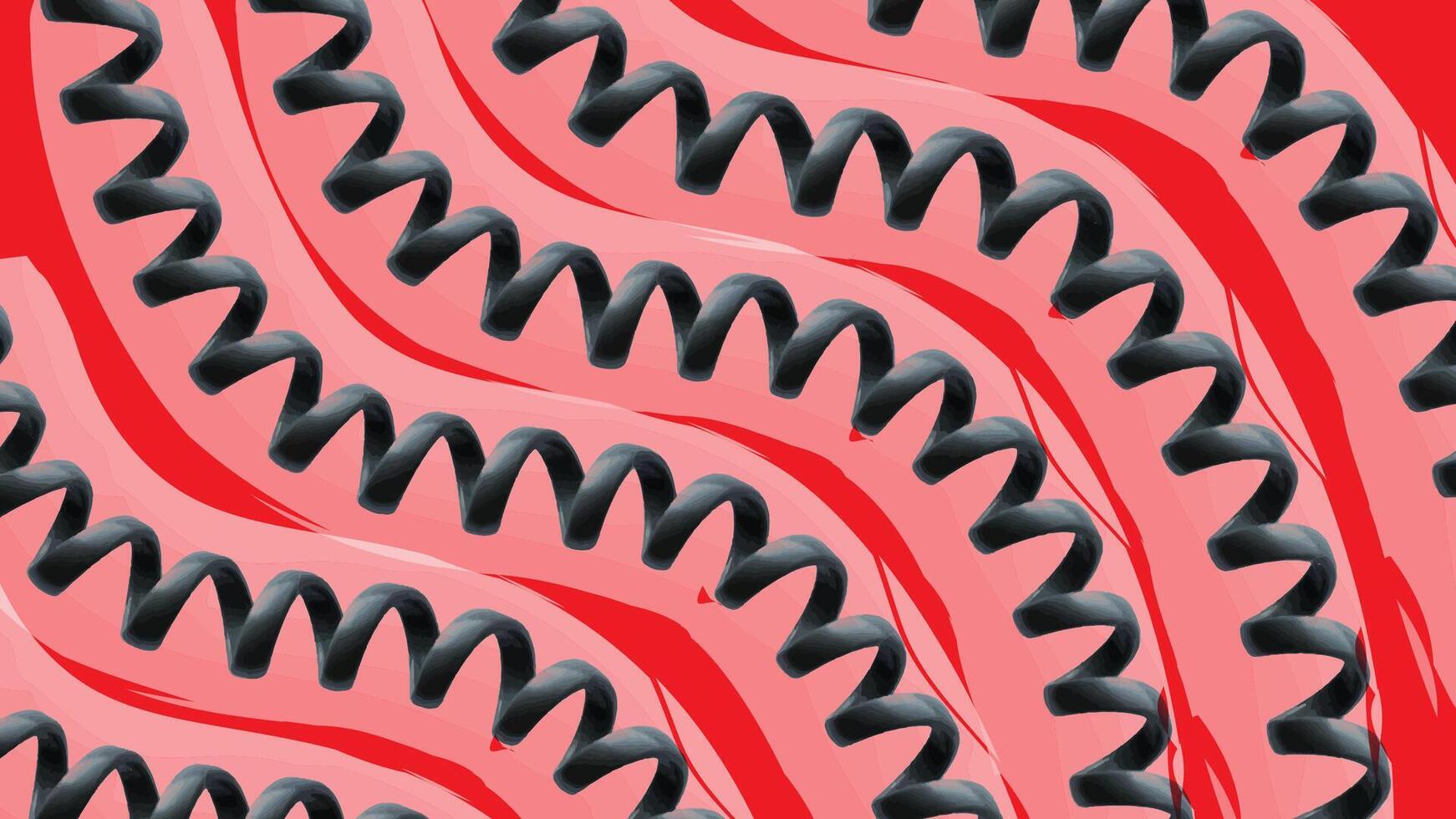 Artistic Twisted Wire Pattern on Red Waves. An abstract background with a repeating pattern of black twisted wire-like shapes over a textured red surface. Ideal for expressive or contemporary designs. vector