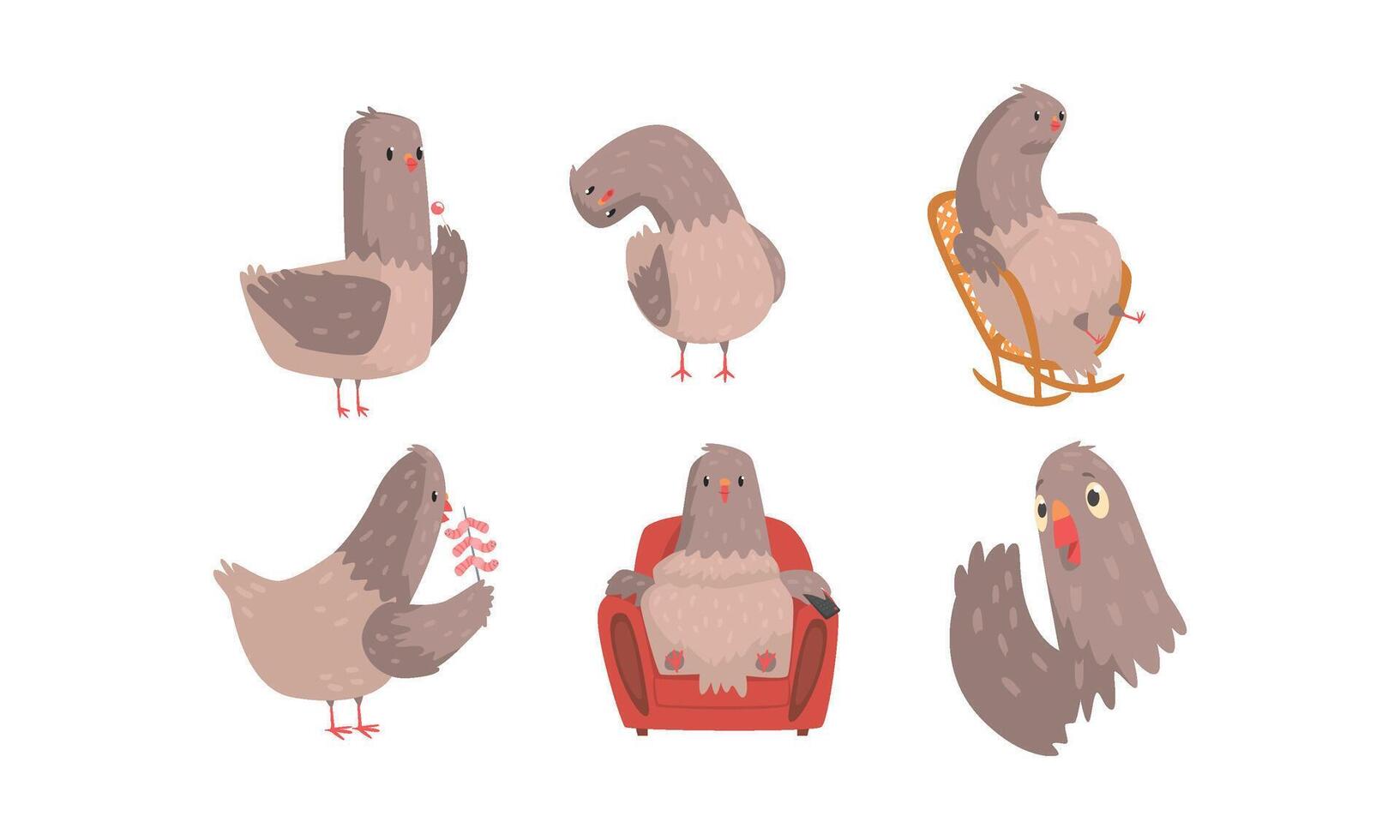 Funny Grey Pigeons Cartoon Characters Set vector