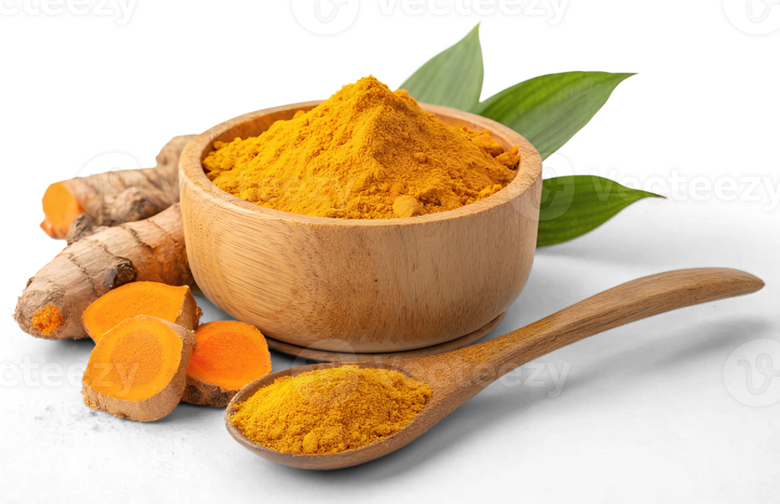 Fresh Turmeric Root and Ground Turmeric in Wooden Bowl - Perfect for Health and Cooking Projects png