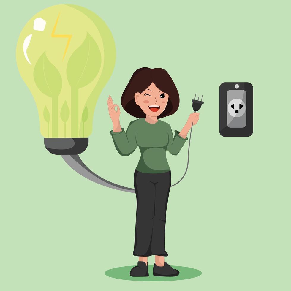 Sustainable Energy Usage a Woman Promoting Green and Eco-Friendly Electricity Solutions vector