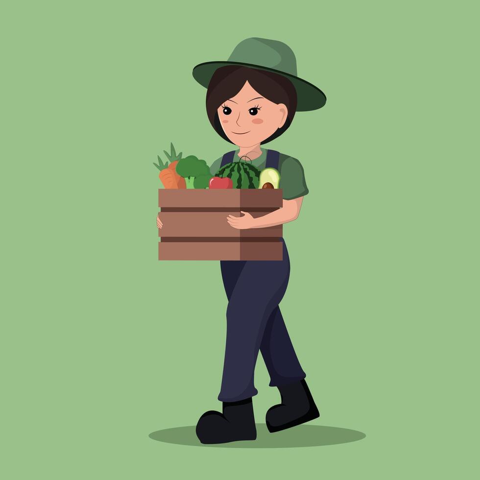 Sustainable Farming a Woman Carrying a Crate of Fresh Organic Vegetables from the Farm vector