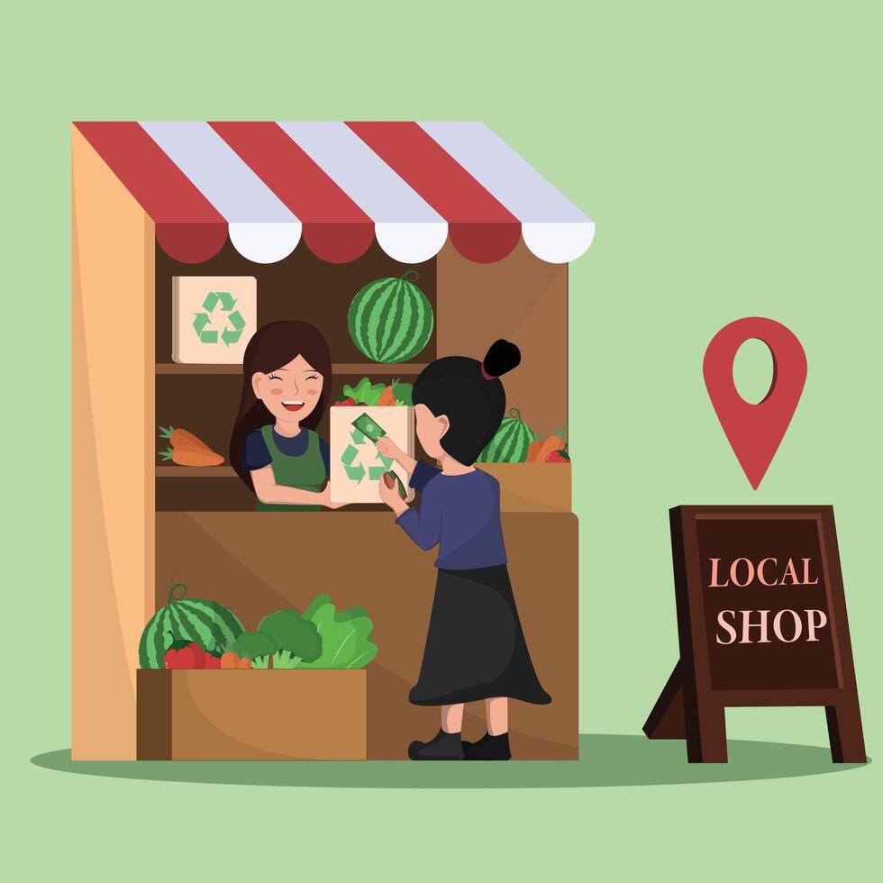 Supporting Local Businesses a Woman Shopping for Fresh Organic Produce at a Sustainable Local Market vector