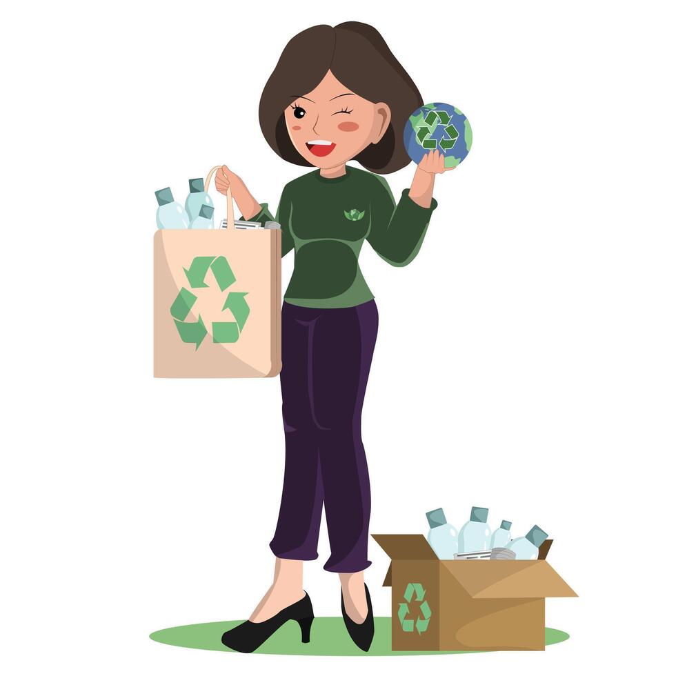 Recycling for a Greener Future a Woman Promoting Eco-Friendly Waste Management and Sustainability vector