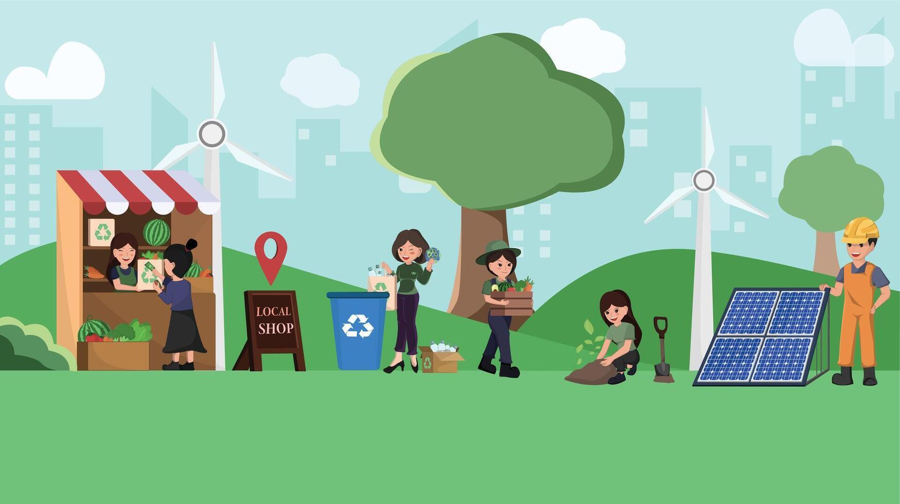 Sustainable City Living a Community Engaged in Renewable Energy, Recycling, and Eco-Friendly Practices vector