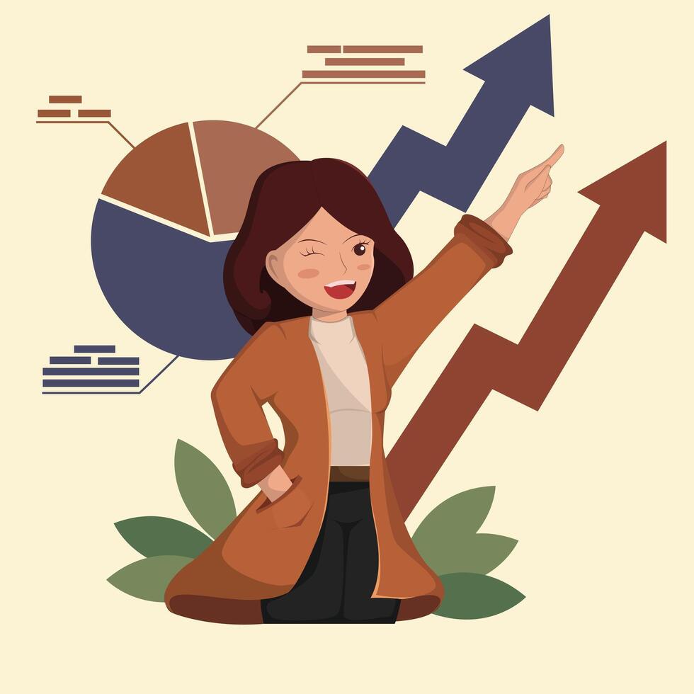 Economic Growth and Business Strategy Confident Female Leader Celebrating Success with Financial Charts and Analytics. vector