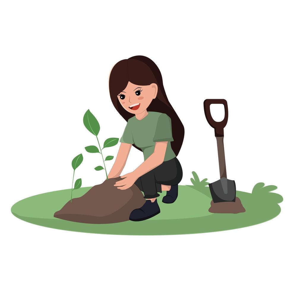 A Young Woman Planting a Sapling to Promote Sustainability and Green Living vector