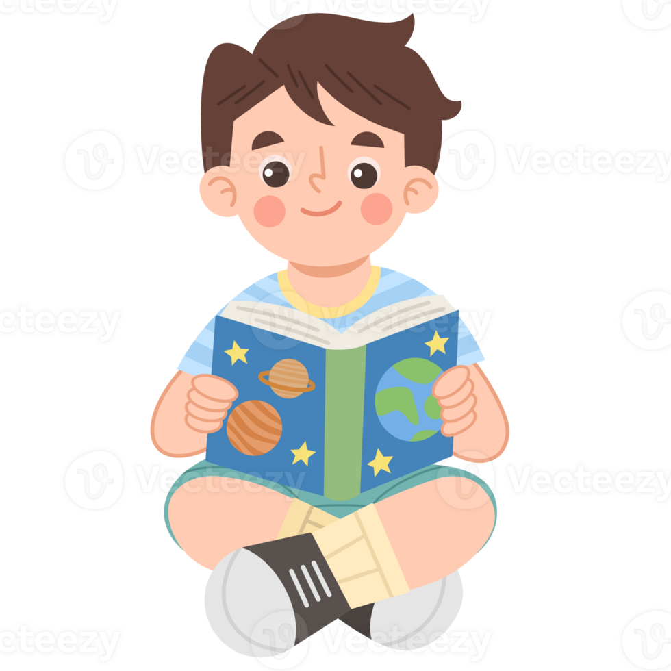 Illustration of a Boy Reading a Book About Space png