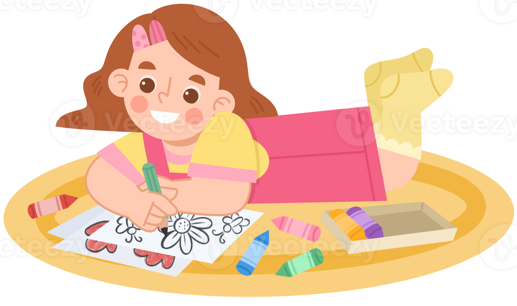 Illustration of a Happy Girl Drawing with Crayons png