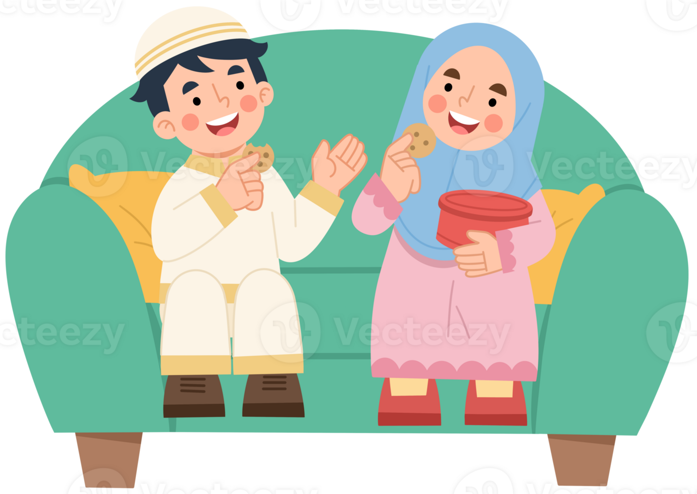 Illustration of Children Enjoying Cookies Together on Couch png