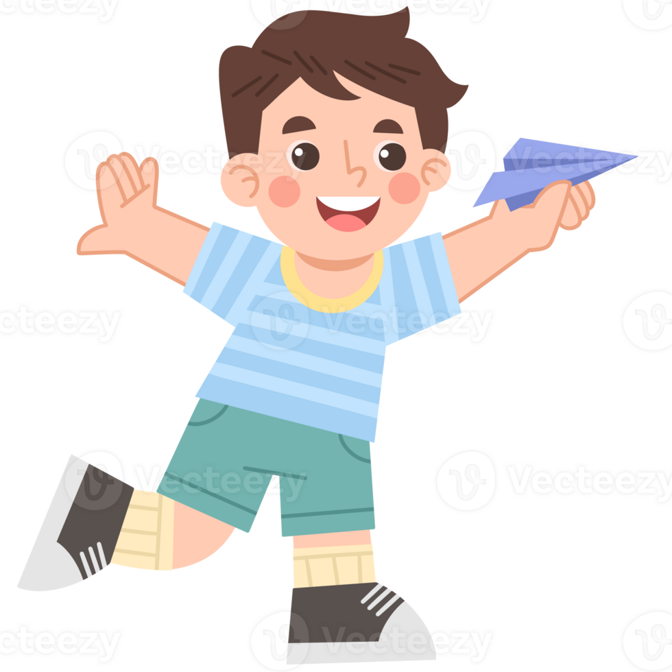 Illustration of Playful Boy with Paper Airplane png