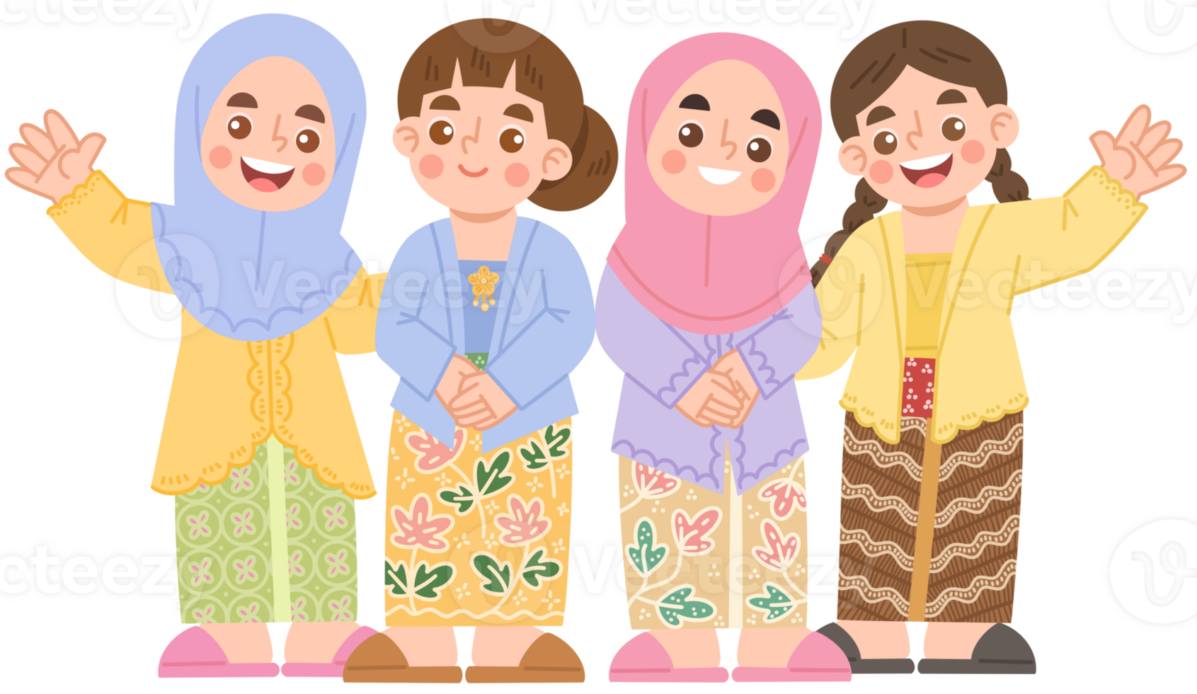Illustration of cheerful girls wearing traditional kebaya clothes png