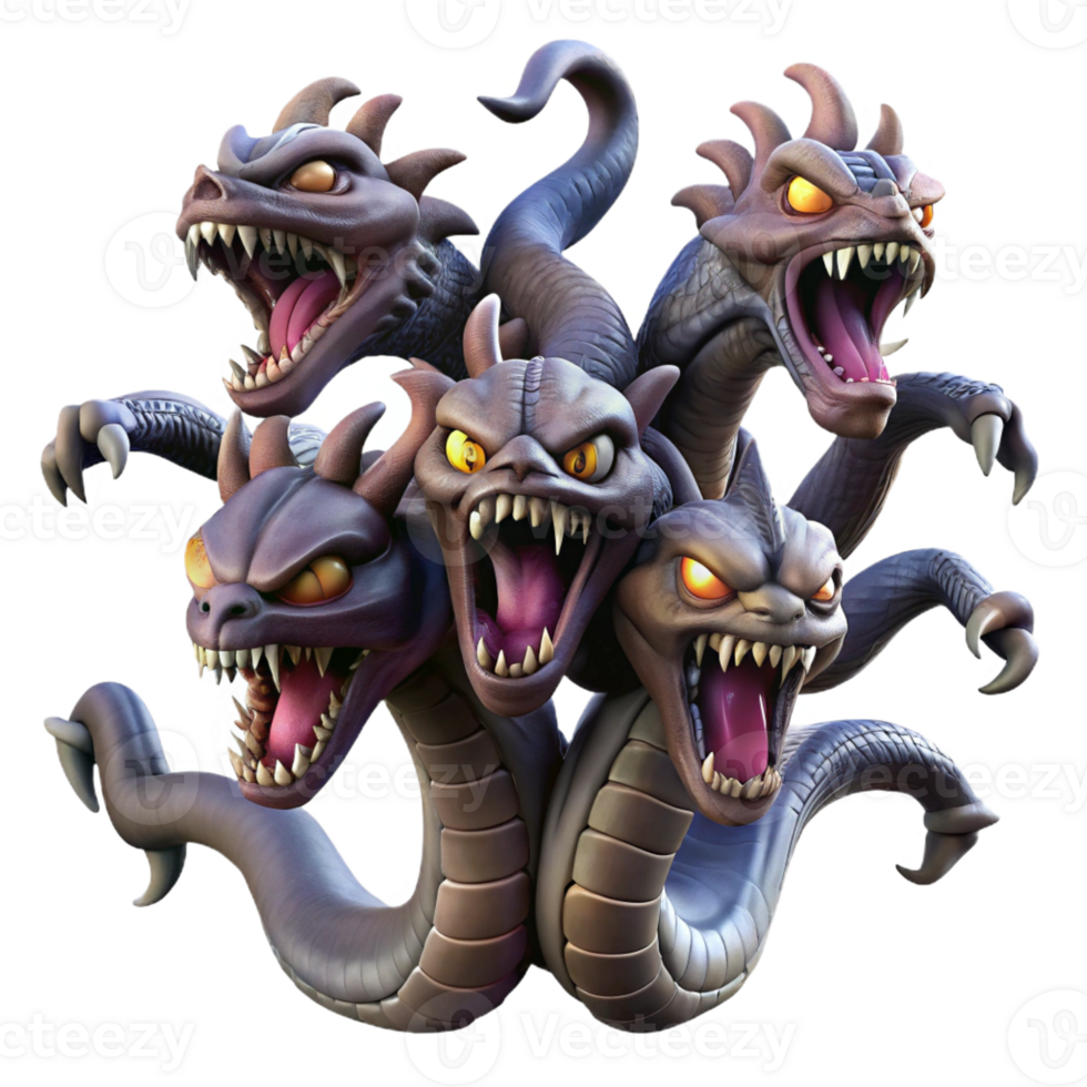 serene vintage A Fearsome Hydra with Multiple Heads original png