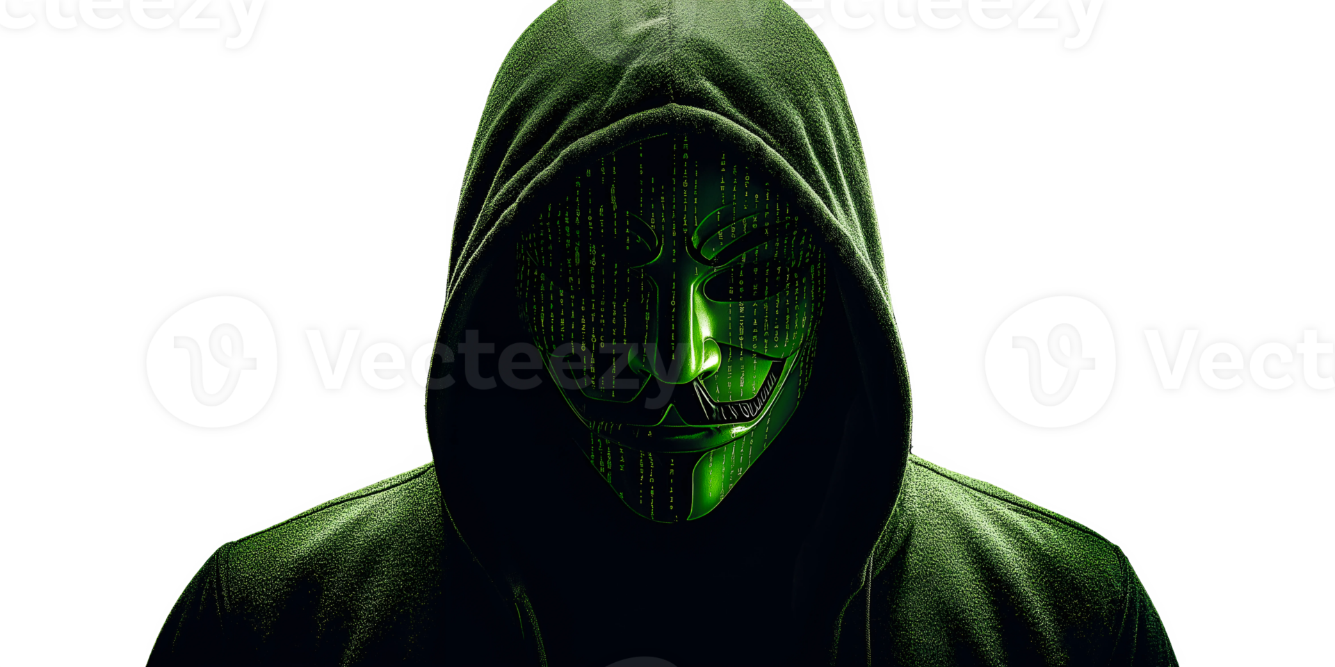 Anonymous hacker wearing green mask and hoodie in dark background for cyber security and digital privacy png