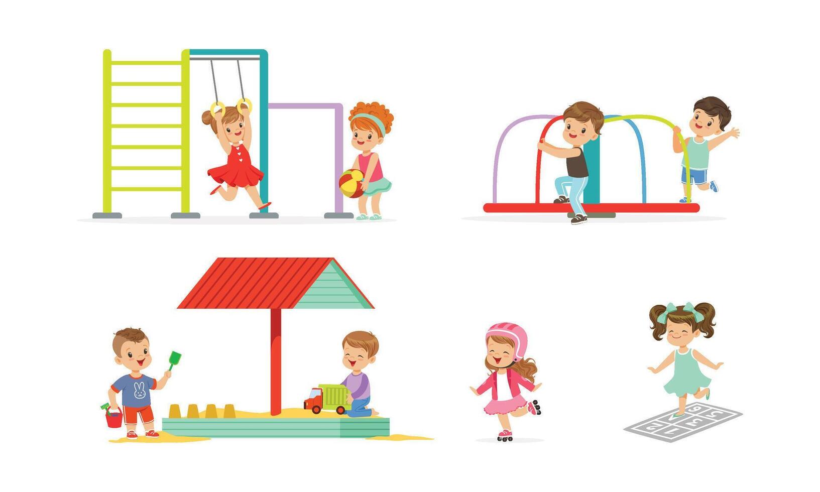 Little Children Playing at Playground Illustrations Set. Careless Childhood Concept vector