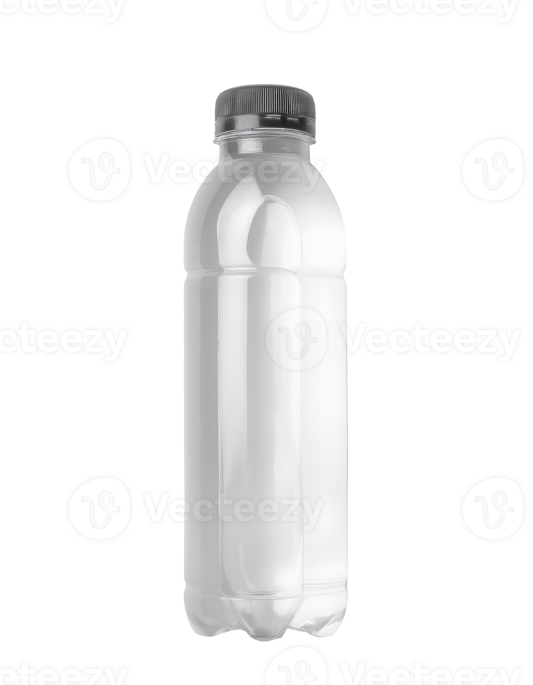 transparent plastic water bottle with black cap, clean and empty container for beverage packaging, on isolated background png