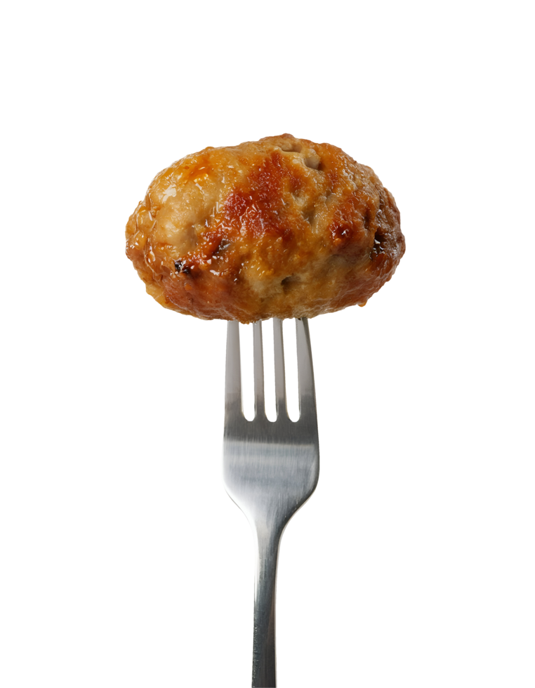 crispy fried meatball on isolated background, golden-brown grilled meatball on fork, juicy homemade meatball close-up, perfectly cooked meatball food photography, png