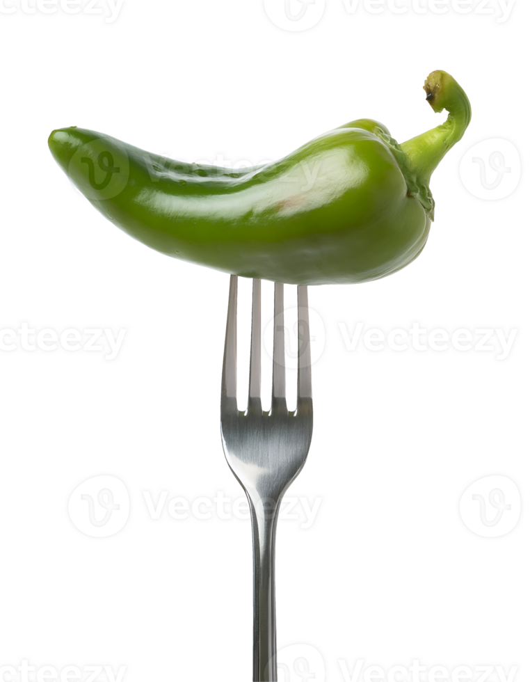 fresh green sweet pepper pod pierced on a sleek silver fork, glossy chili pepper with smooth surface on isolated background png