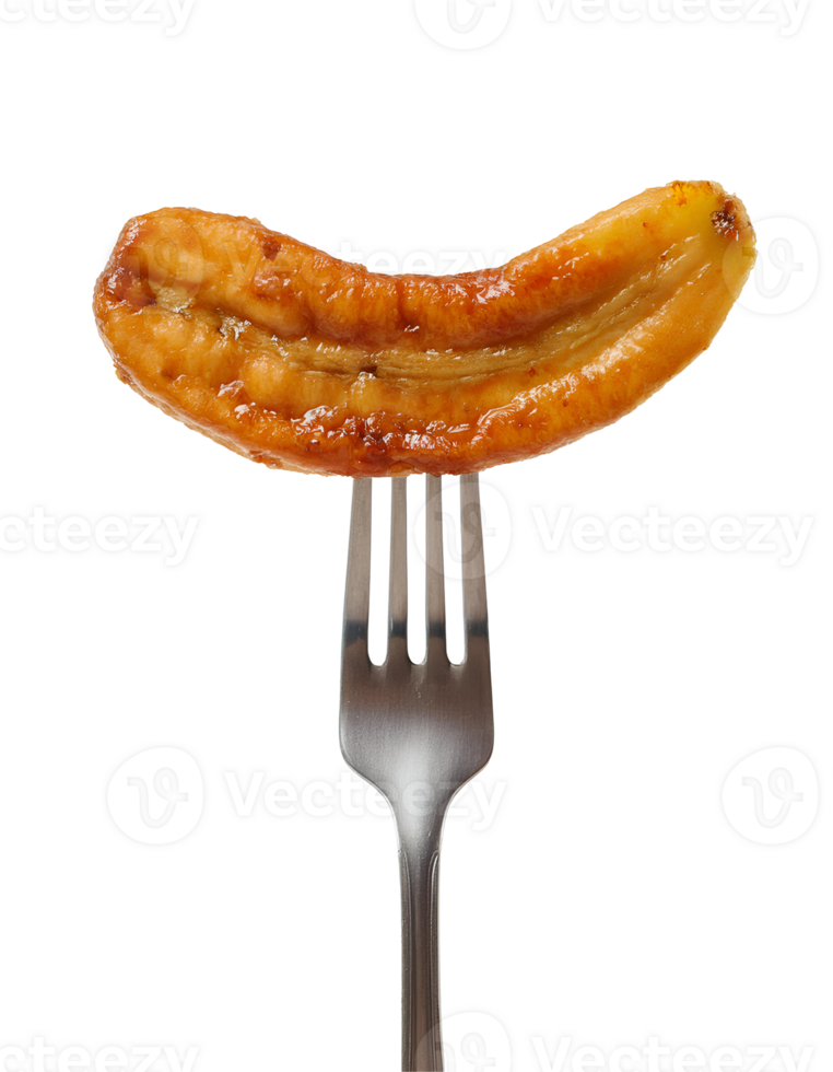 crispy fried banana on isolated background, golden caramelized banana slice on fork, sweet tropical dessert close-up, deep-fried banana with glossy texture, traditional thai dessert, png