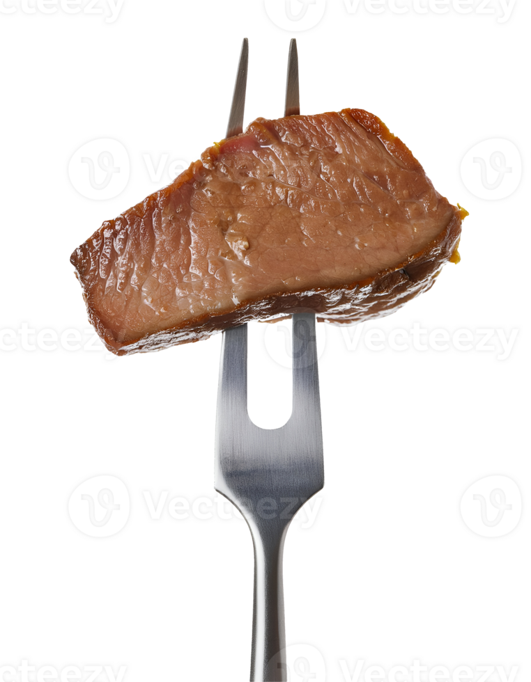 juicy grilled beef steak on isolated background, tender cooked beef slice on a sleek two-prong fork, high-resolution food photography, gourmet meat dish close-up, rich brown seared beef texture png