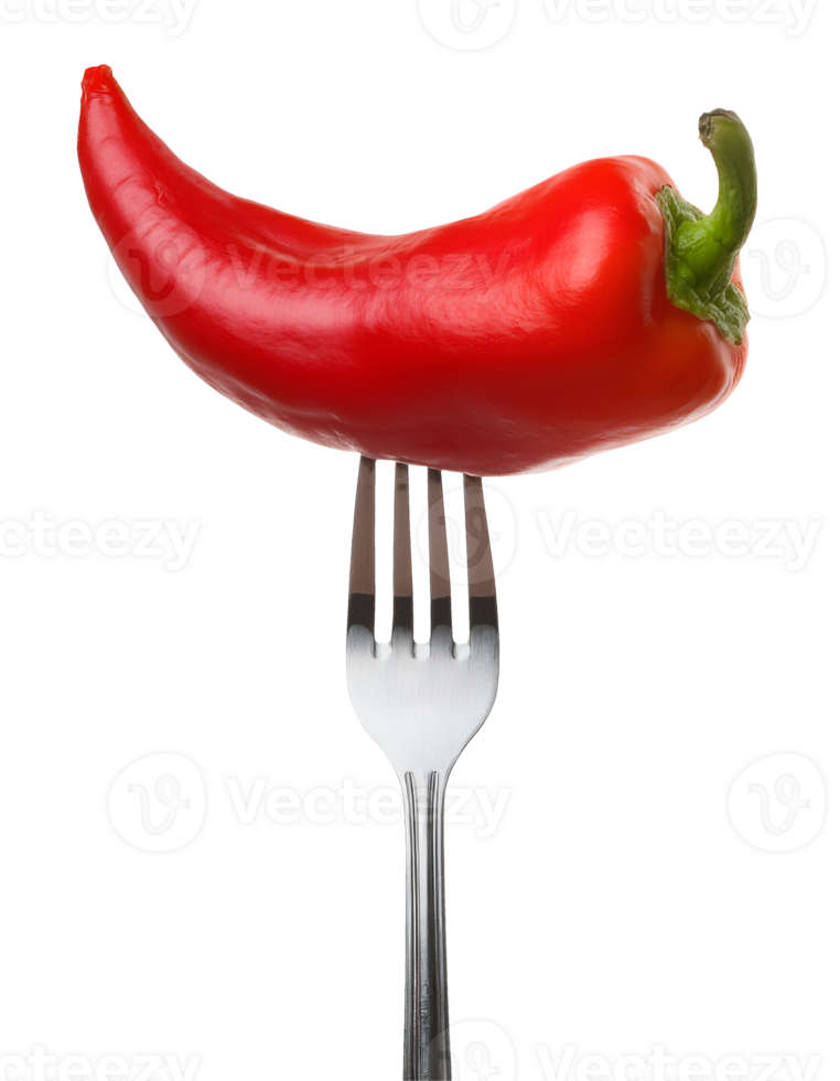 fresh red sweet pepper pod pierced on a sleek silver fork, vibrant chili pepper with glossy skin on isolated background png