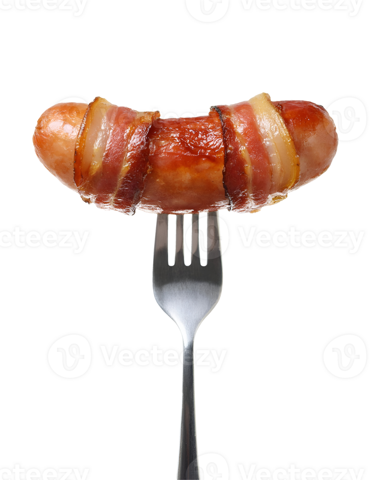 crispy bacon-wrapped sausage on isolated background, gourmet sausage wrapped in bacon, juicy grilled sausage with crispy bacon, sizzling bacon sausage close-up png