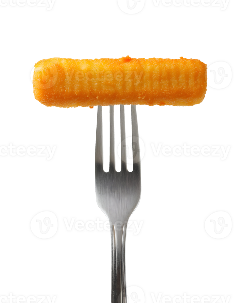 crispy cheese stick on isolated background, golden fried cheese stick on fork, crunchy mozzarella stick close-up, deep-fried cheese snack, breaded cheese stick on silver fork png