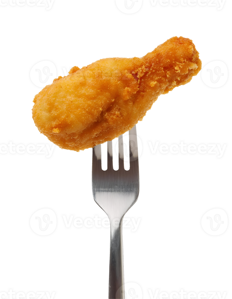crispy fried chicken drumstick on isolated background, golden-brown breaded chicken leg on fork, deep-fried chicken drumstick close-up, crunchy chicken drumstick with crispy coating png