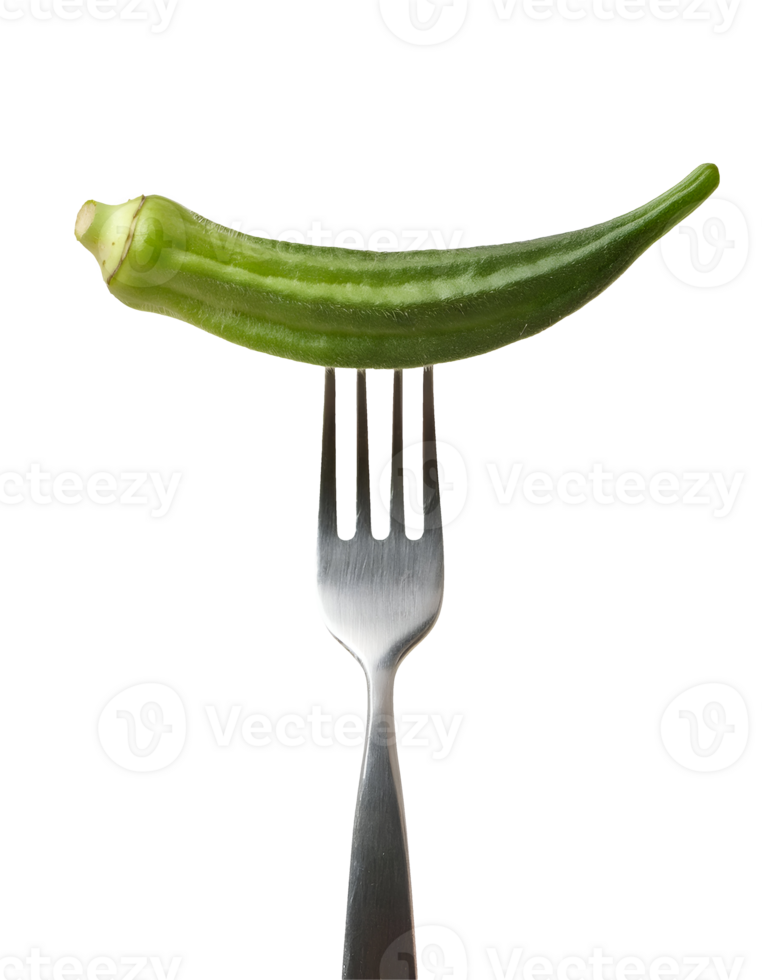 fresh green okra pod with smooth texture and natural ridges on isolated background, organic vegetable rich in fiber and antioxidants placed on a fork png