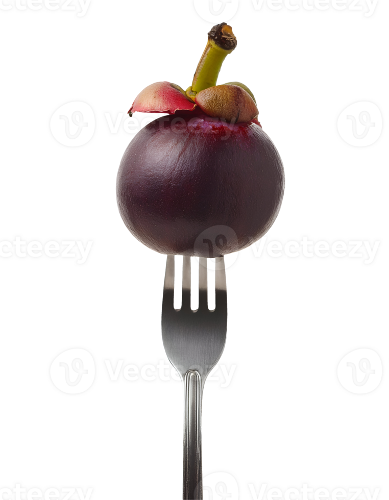 fresh whole mangosteen with partially opened top revealing thick purple rind on isolated background, exotic tropical fruit rich in antioxidants and vitamins placed on a fork png