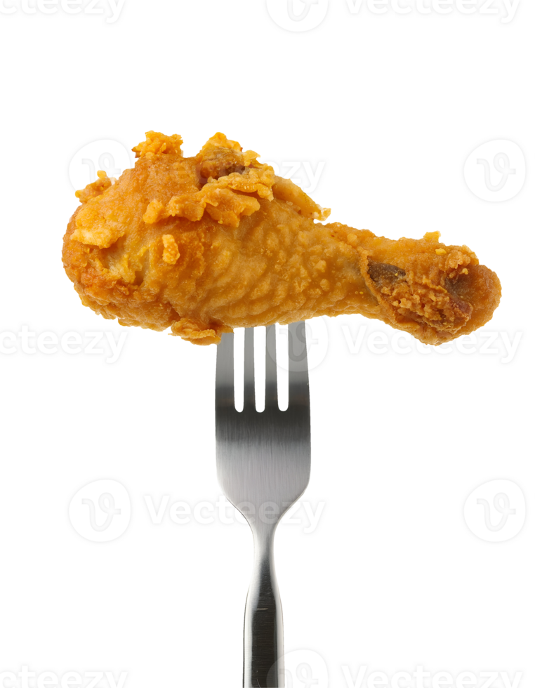 crispy fried chicken drumstick on isolated background, golden-brown crunchy chicken leg on fork, delicious fried chicken close-up, crispy coating texture, deep-fried chicken food photography, png