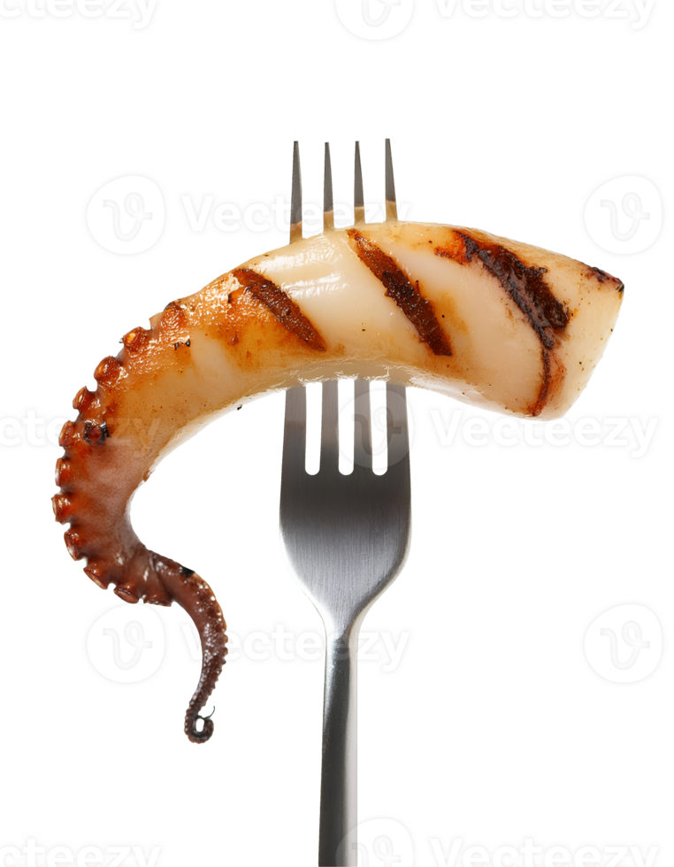 grilled squid on isolated background, tender and smoky grilled calamari tentacle, perfectly seared seafood delicacy, pierced on a two-prong fork, ideal for gourmet cuisine and food photography png