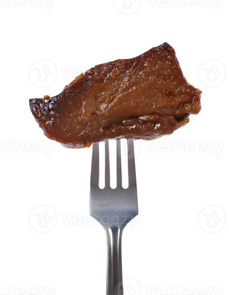 fried sun-dried beef on isolated background, crispy and tender thai-style dried beef, marinated and deep-fried to perfection, pierced on a two-prong fork png