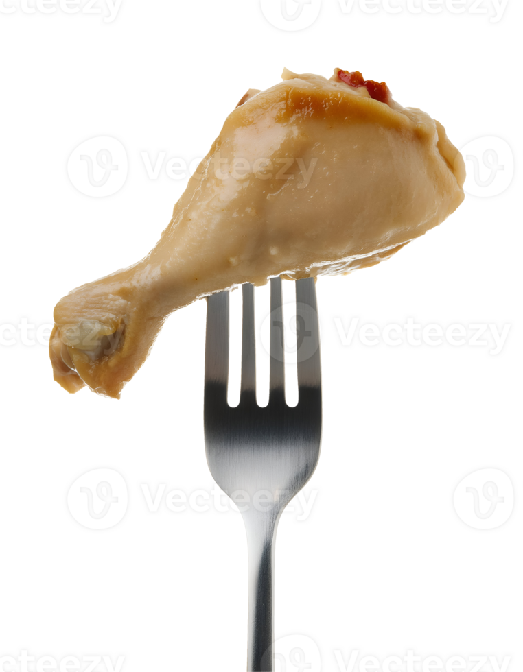 steamed chicken drumstick with fish sauce on isolated background, tender cooked poultry on a fork with glossy texture png