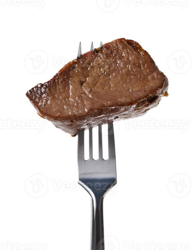 black pepper beef steak on isolated background, juicy grilled beef slice with a seared crust, pierced on a two-prong fork, perfect for steak lovers and gourmet food photography png