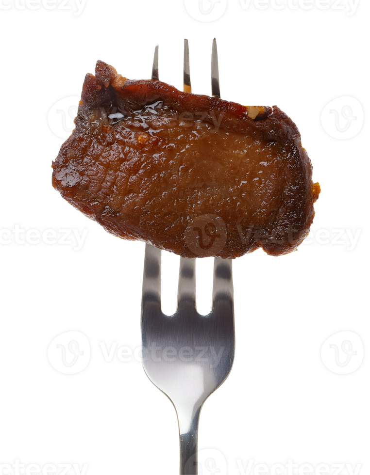 fried sun-dried beef on isolated background, crispy thai-style dried beef on fork, asian beef jerky, deep-fried marinated beef slice, traditional thai dried meat, golden-brown dried beef on fork png